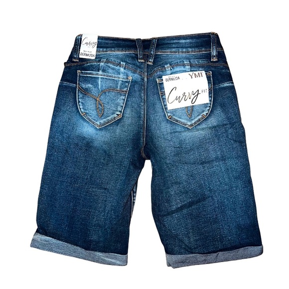 YMI Curvy Mid Rise Bermuda Distressed Denim Shorts - Picture 2 of 4
